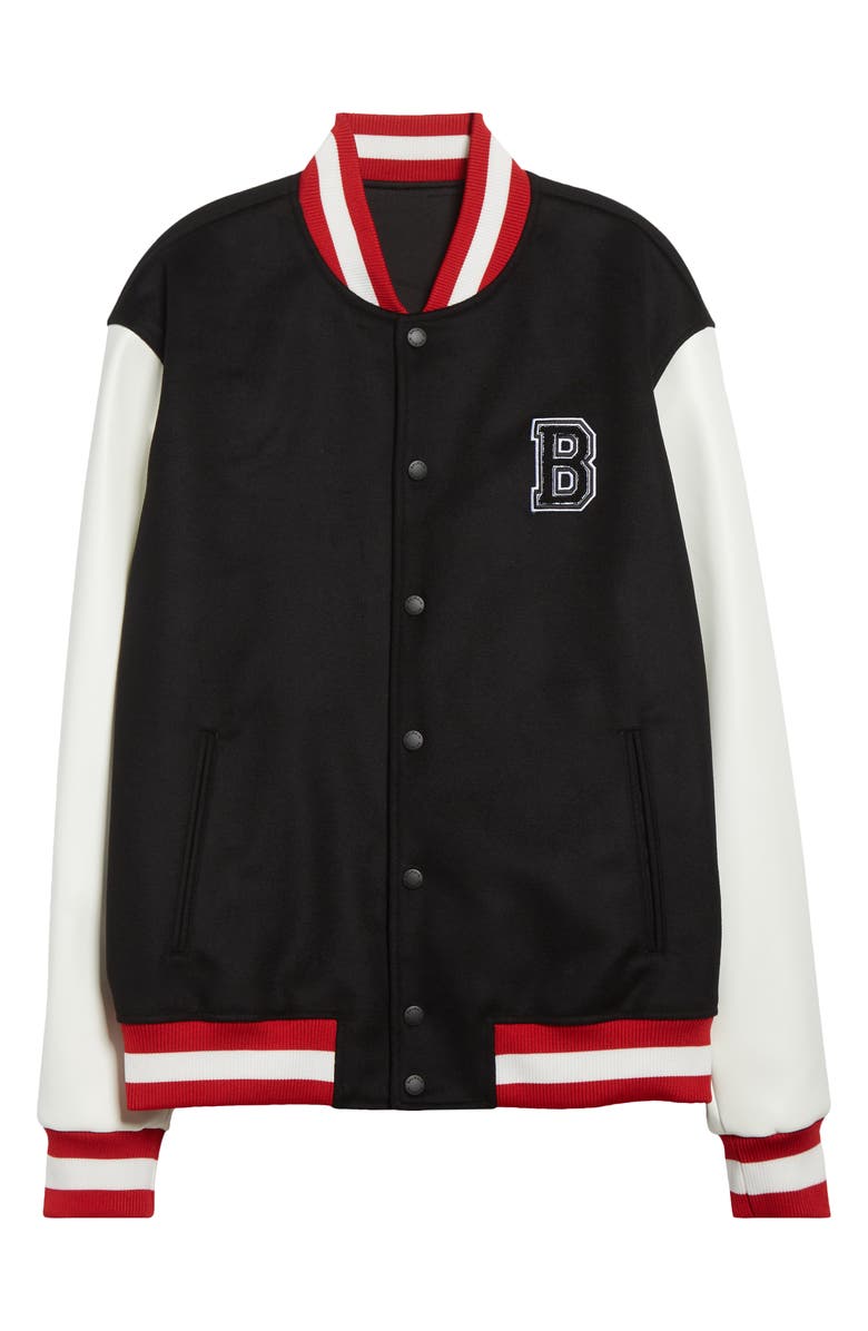 Balmain Logo Embellished Virgin Wool & Faux Leather Varsity Jacket, Alternate, color, Ebe Black/ White/ Red