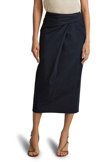 Reiss Navy High Rise Wrap Midi Skirt In Navy