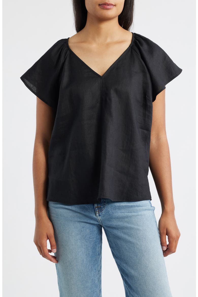 Coastalina Flutter Sleeve Linen Top, Main, color, BLACK