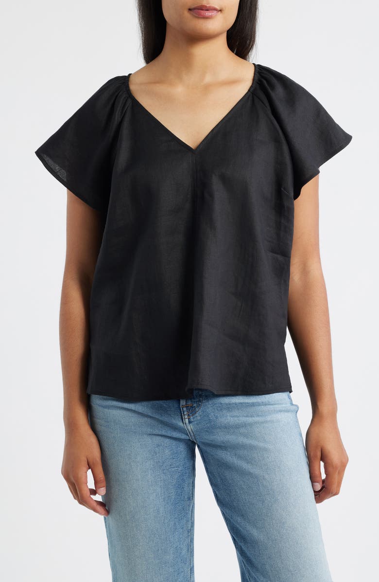 Tommy Bahama Coastalina Flutter Sleeve Linen Top, Main, color, Black