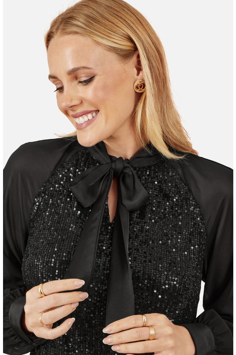 Sequin Pussy Bow Top, Alternate, color, Black