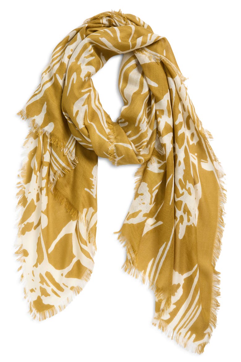 Eyelash Trim Print Cashmere & Silk Wrap, Alternate, color, YELLOW TRACED PETALS