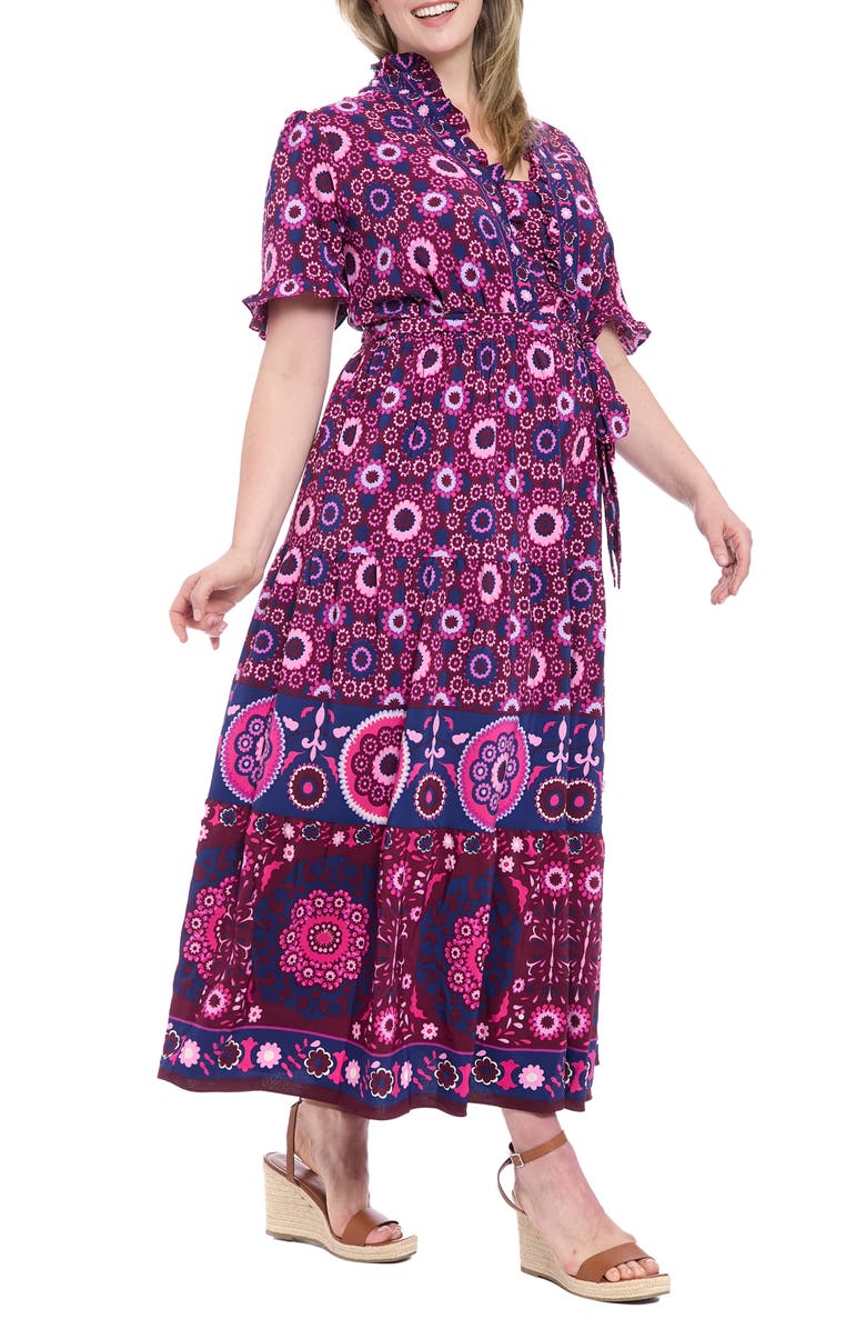 London Times Ruffle Short Sleeve Tiered Maxi Dress, Alternate, color, Plum Caspia/ Navy