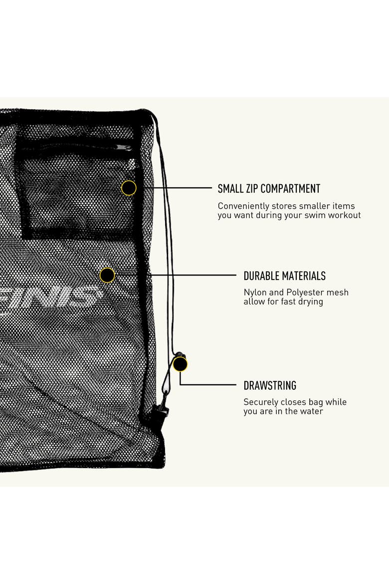 Mesh Gear Bag for Swim Equipment Quick Dry Nylon Drawstring Closure Zip Pocket Hook Attachment, Alternate, color, Black