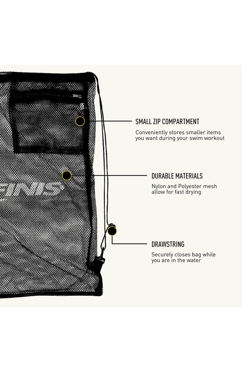 FINIS Mesh Gear Bag for Swim Equipment Quick Dry Nylon Drawstring Closure Zip Pocket Hook Attachment, Alternate, color, Black