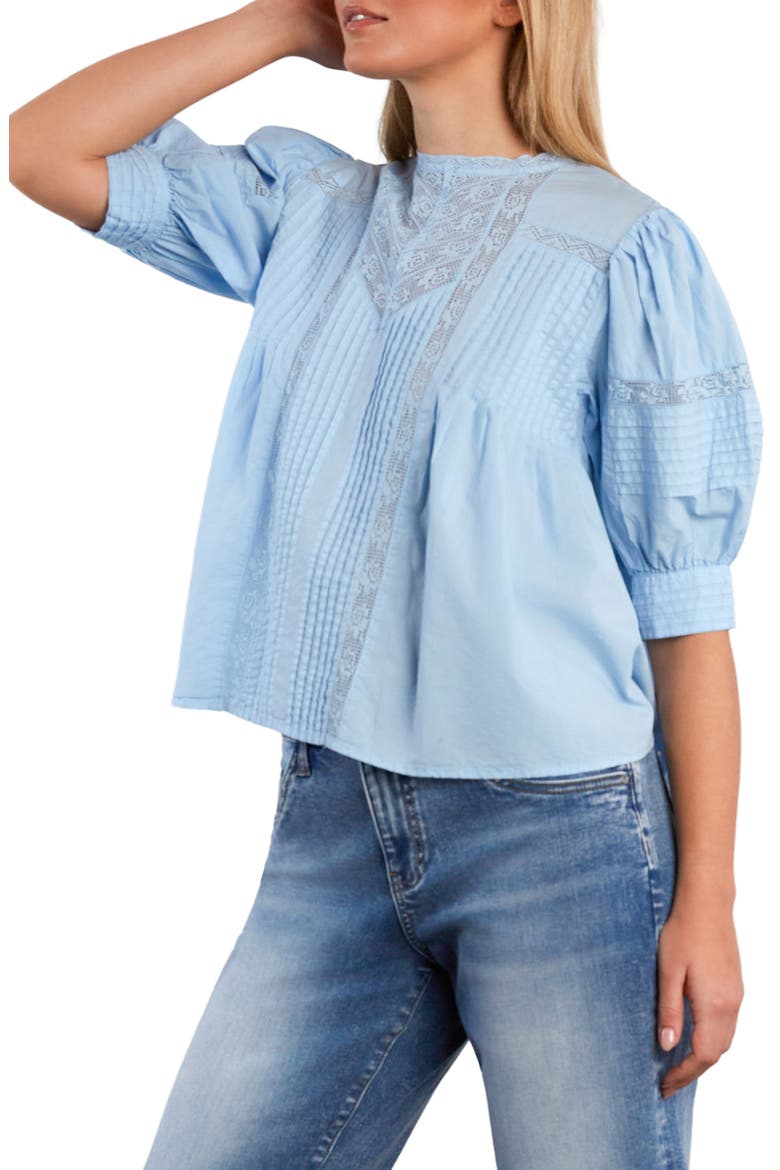 Charmalace Pintuck Lace Inset Cotton Blend Top, Alternate, color, CERULEAN BLUE