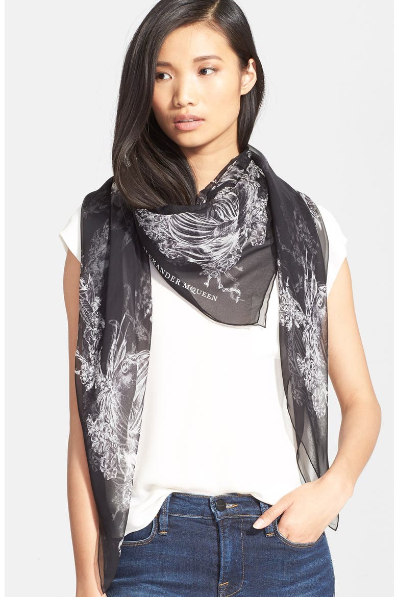 Alexander McQueen Skeletal Print Silk Chiffon Shawl, Main, color, BLACK/ IVORY