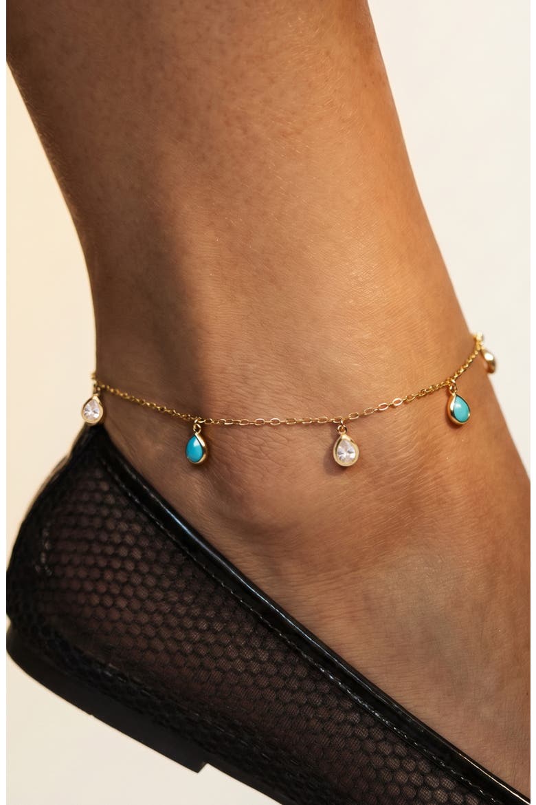Shaky Cubic Zirconia & Turquoise Anklet, Alternate, color, GOLD