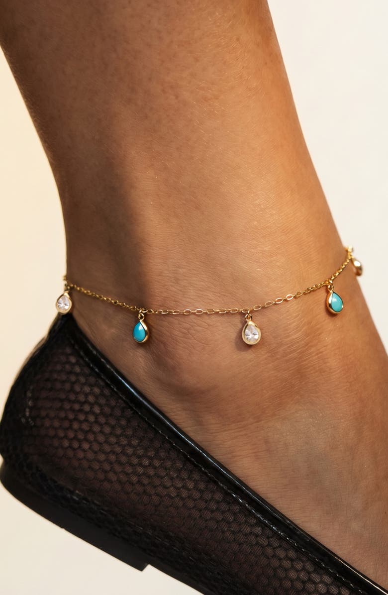 Argento Vivo Sterling Silver Shaky Cubic Zirconia & Turquoise Anklet, Alternate, color, Gold