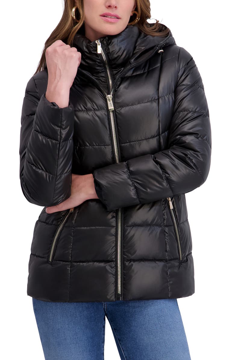 Kensie Hooded Puffer Jacket, Alternate, color, Black