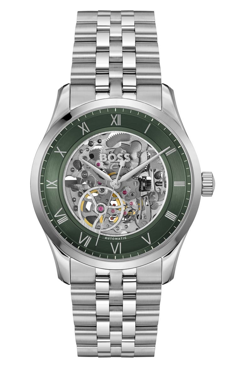 Principle Skeleton Automatic Bracelet Watch, 41mm, Main, color, DARK GREEN