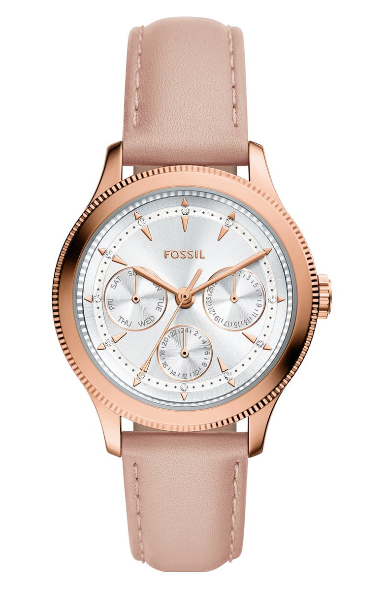Fossil Brynn Multifunction Leather Strap Watch, 38mm, Main, color, Rose Gold