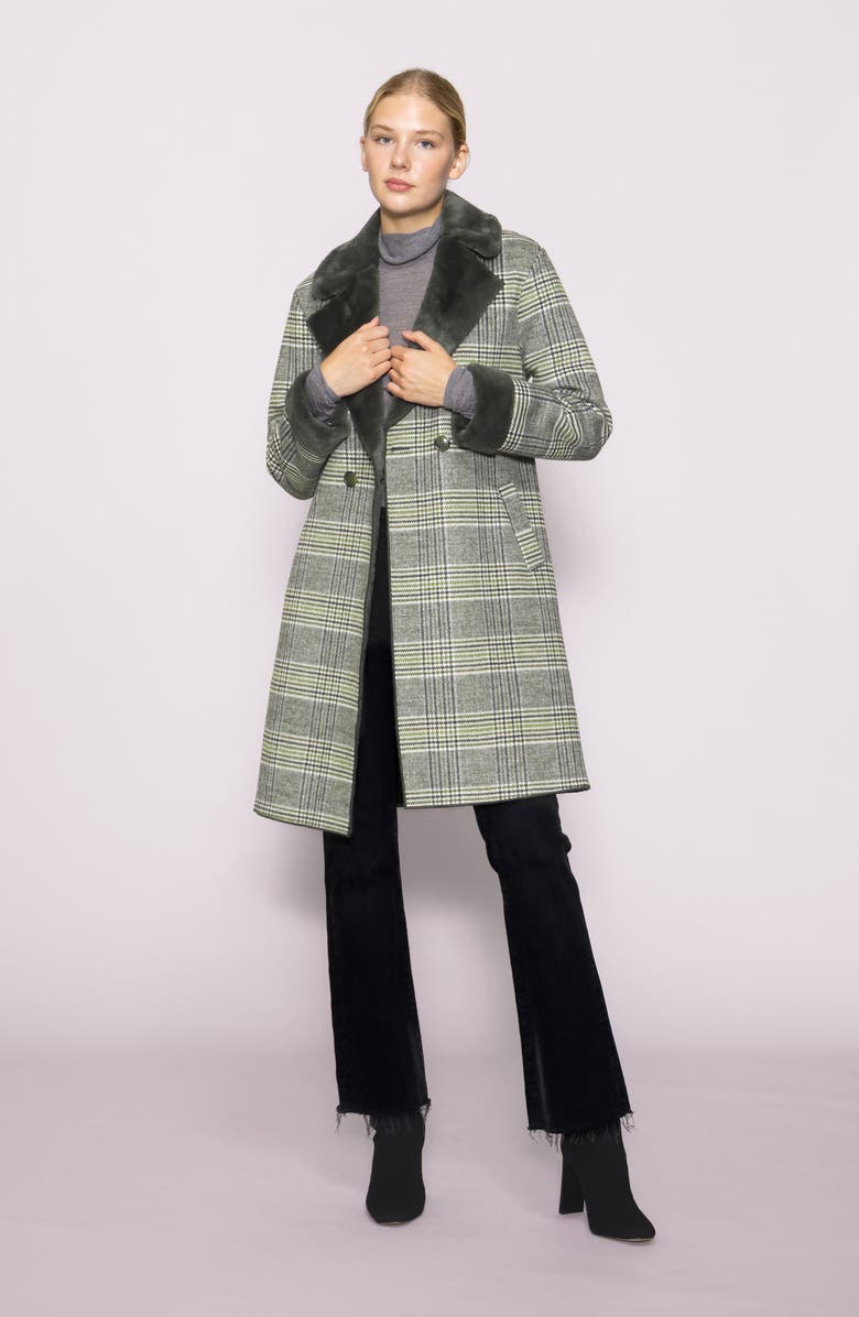 MELLODAY Plaid Faux Fur Trim Coat, Alternate, color, Green Plaid
