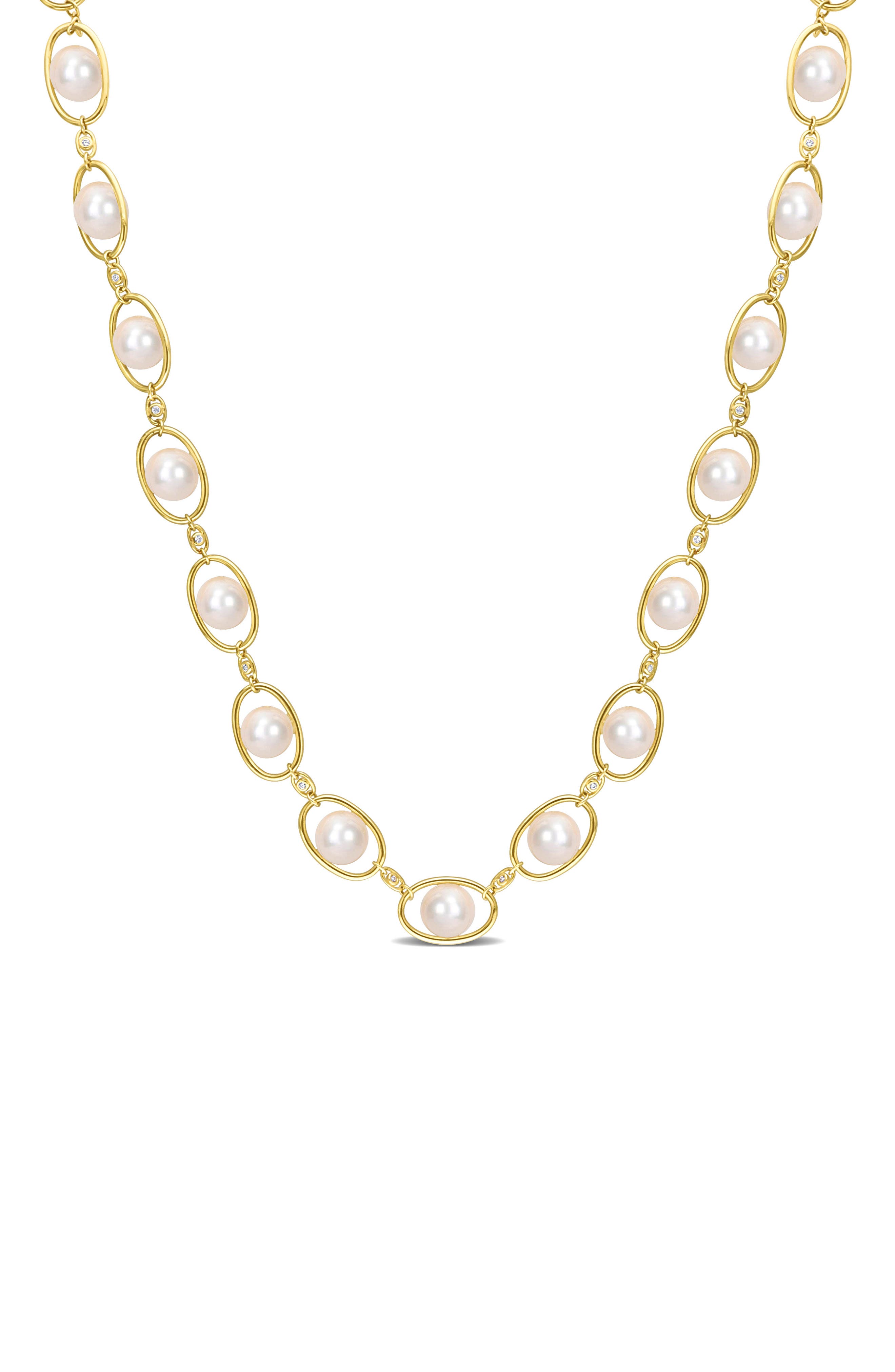 DELMAR 8–8.5mm Cultured Freshwater Pearl & CZ Oval Chain Necklace