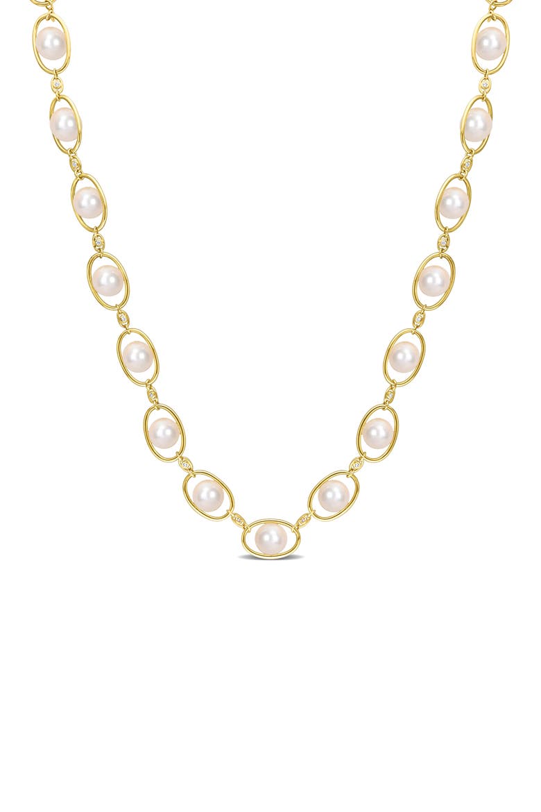 8–8.5mm Cultured Freshwater Pearl & CZ Oval Chain Necklace, Main, color, GOLD/ WHITE