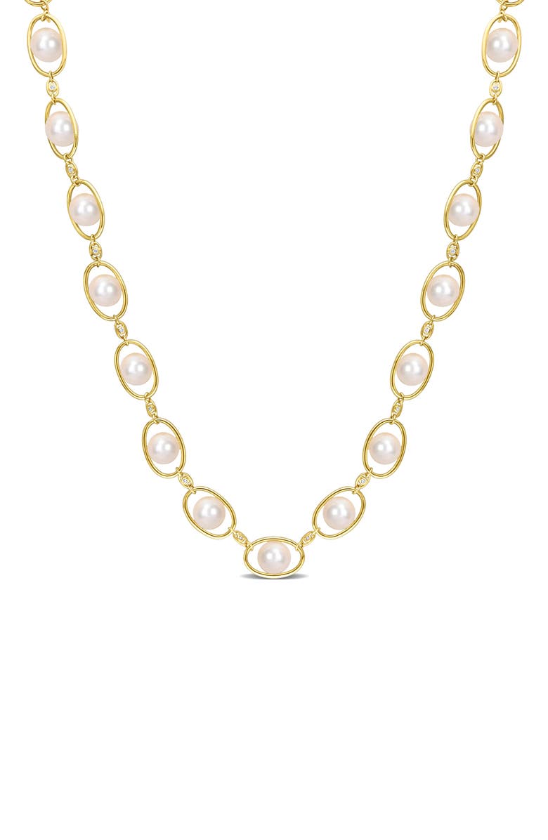 DELMAR 8–8.5mm Cultured Freshwater Pearl & CZ Oval Chain Necklace, Main, color, Gold/ White