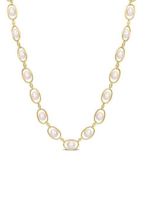 8–8.5mm Cultured Freshwater Pearl & CZ Oval Chain Necklace