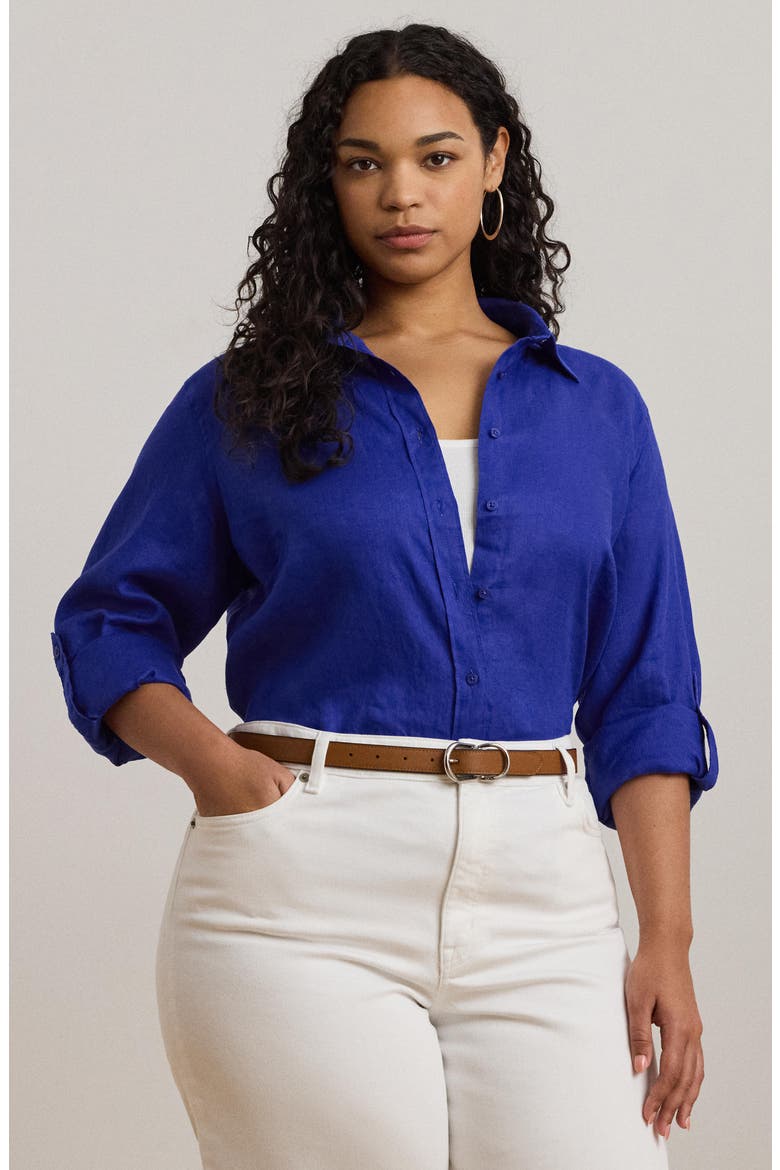 Relaxed Fit Linen Roll Tab Shirt, Alternate, color, NEW SAPPHIRE