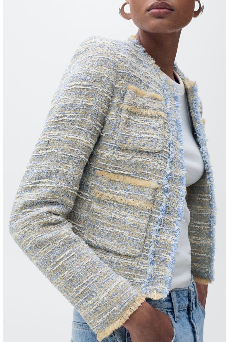 Fringe Detail Cotton Blend Tweed Jacket, Alternate, color, SKY BLUE