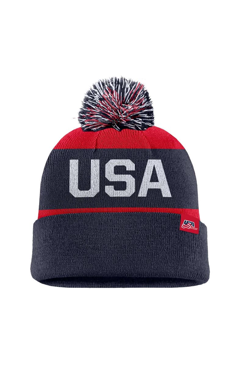 Nike Men's Nike Navy US Hockey Peak Stripe Tri-Blend Cuffed Knit Hat with Pom, Main, color, Navy
