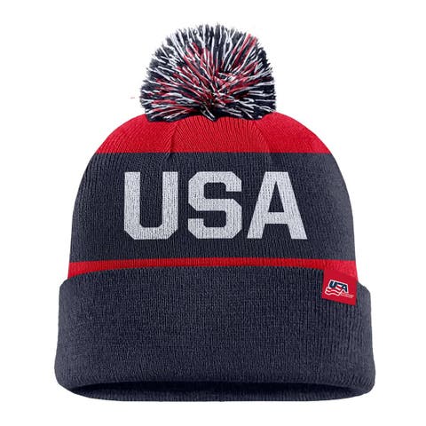 Men's Nike Navy US Hockey Peak Stripe Tri-Blend Cuffed Knit Hat with Pom