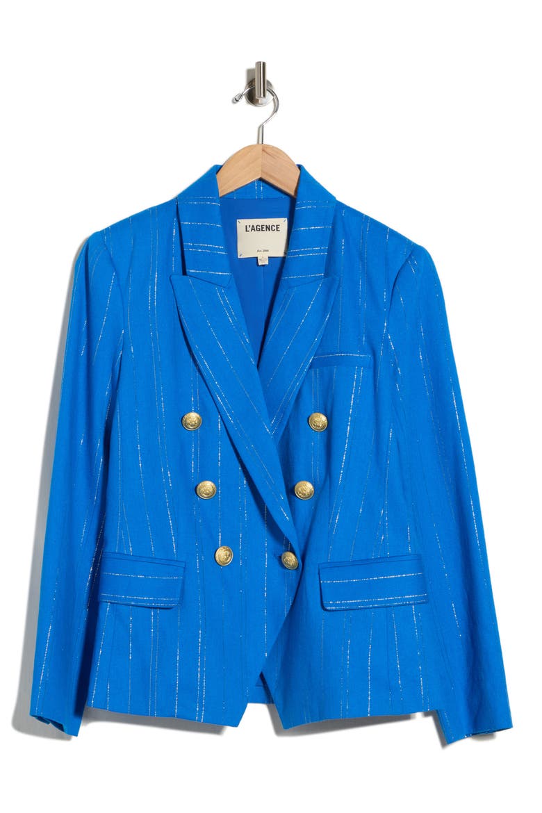 Kenzie Double Breasted Pinstripe Blazer, Alternate, color, BRIGHT ROYAL/ GOLD PINSTRIPE
