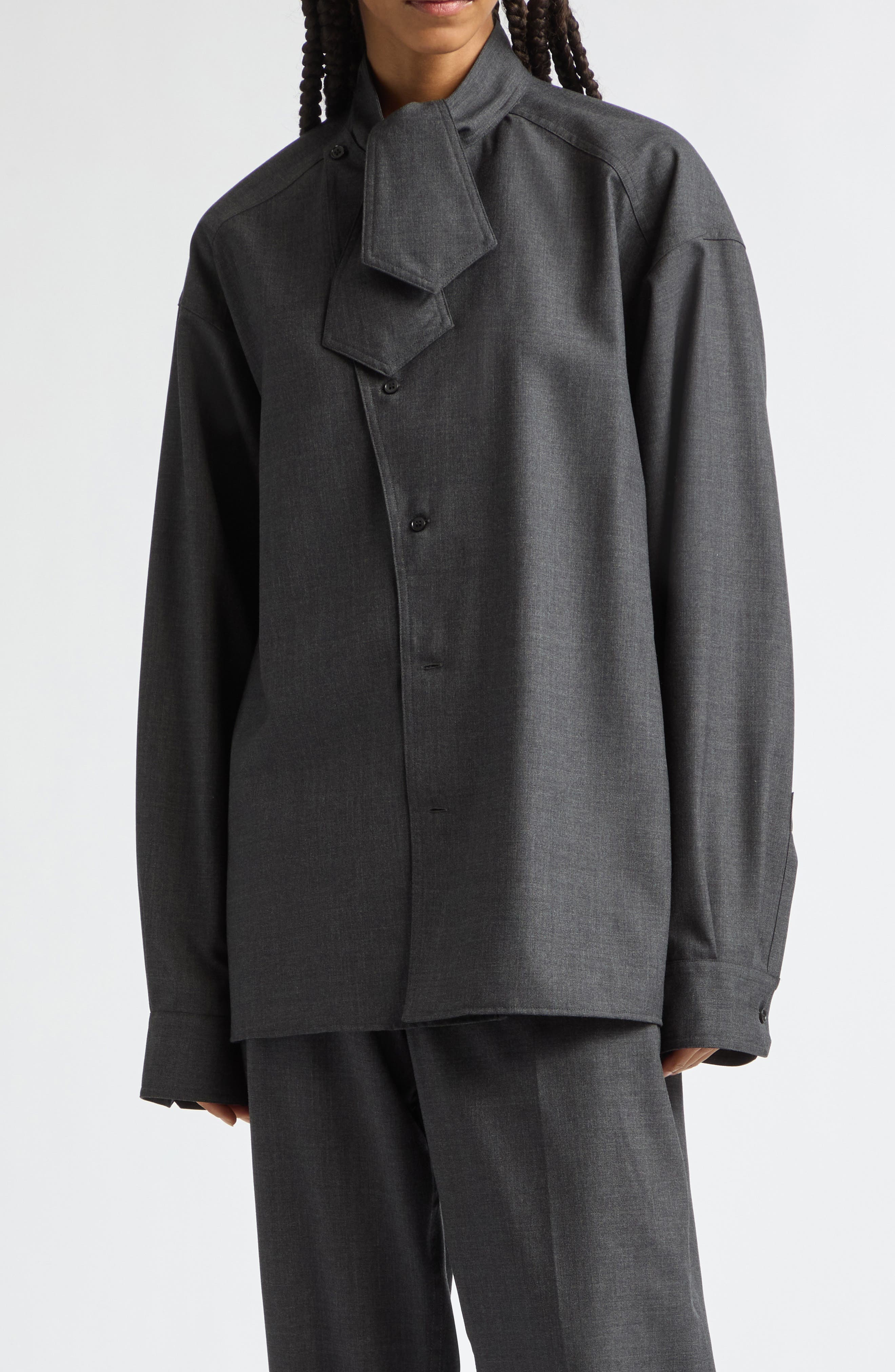 Plan C Wool Shirt With Tie In Melange Black/white