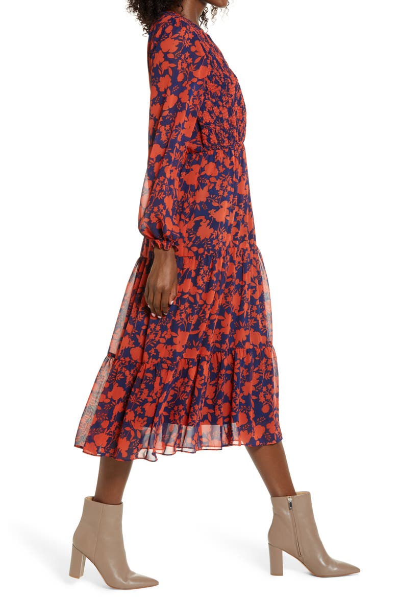 Floral Long Sleeve Chiffon Midi Dress, Alternate, color, NAVY/ ORANGE