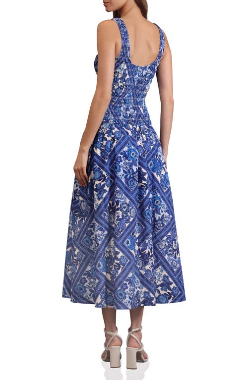 Avec Les Filles Drop Waist Smocked Midi Dress In Blue