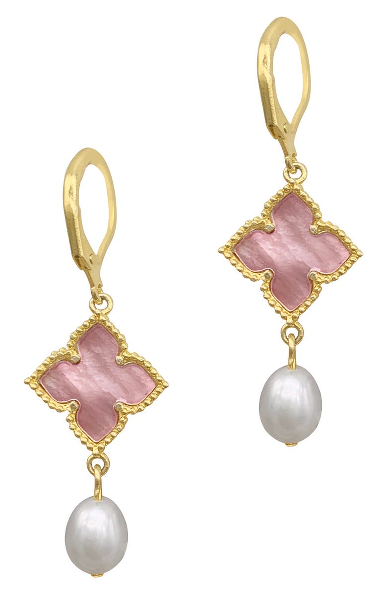 Adornia 14K Yellow Gold Vermeil Floral and 10mm Cultured Pearl Drop Earrings, Main, color, Pink
