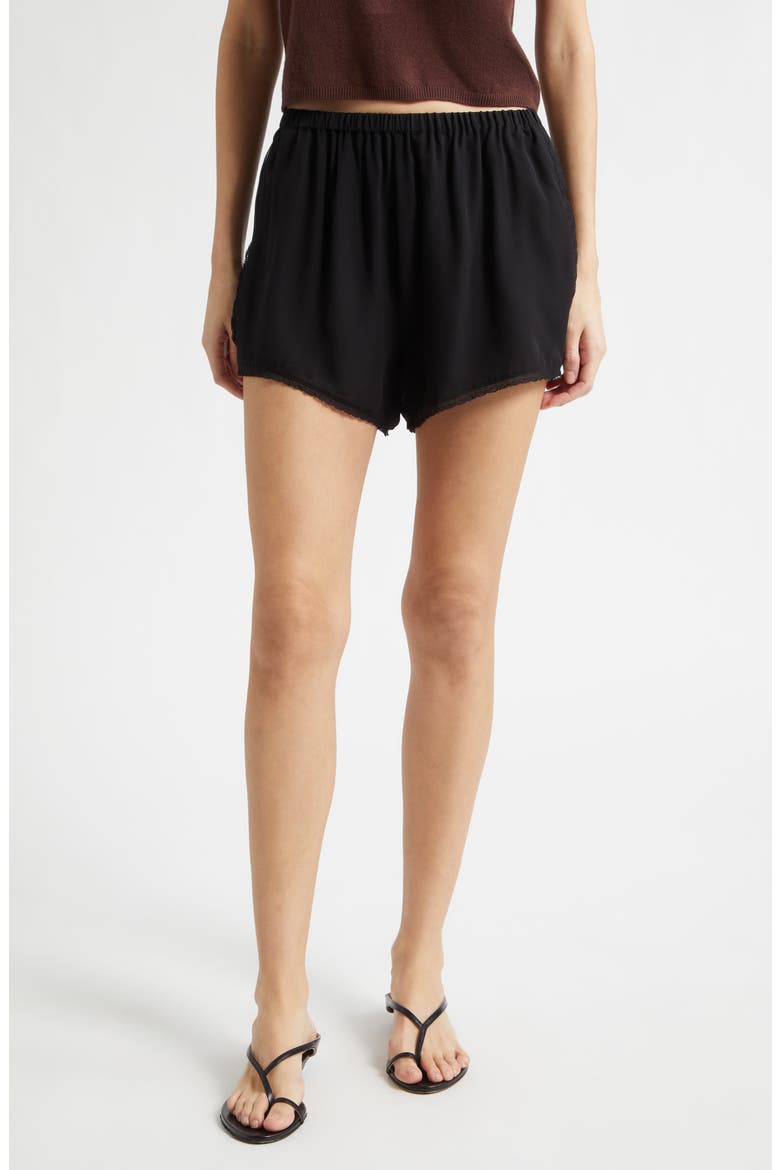 Priscilla Lace Trim Silk Shorts, Main, color, BLACK