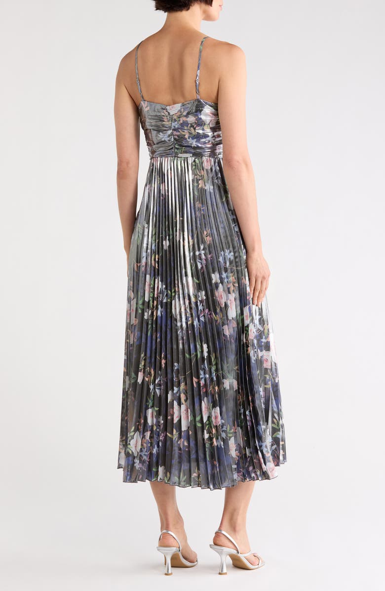 Nicole Miller Metallic Floral Empire Waist Pleated Midi Dress, Alternate, color, Spring Black Metallic