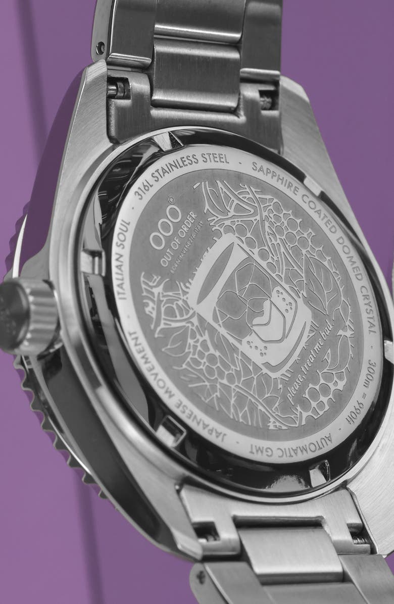 OUT OF ORDER Shaker Automatic GMT Ultra Brushed Bracelet Watch, 40mm, Alternate, color, Dark Violet