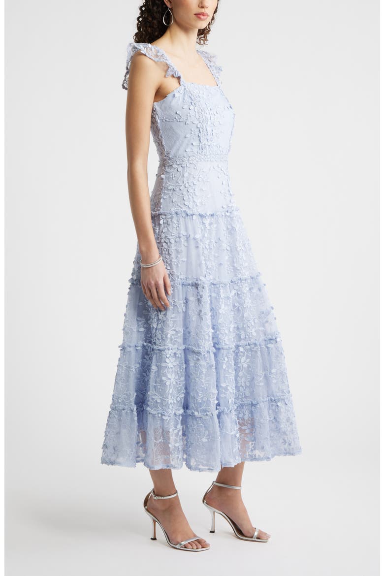 3D Floral Lace Tiered Midi Dress, Alternate, color, BLUE HALOGEN