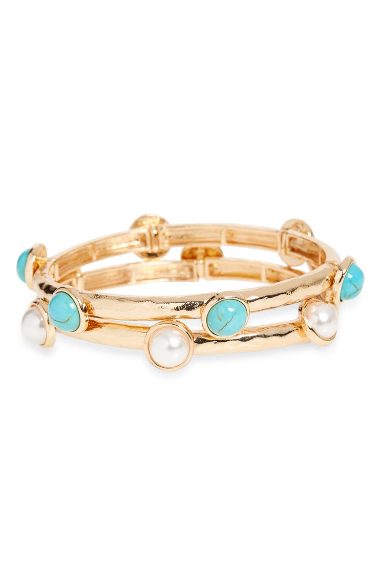 Cara Set of 2 Faux Turquoise & Faux Pearl Stretch Bracelets, Main, color, Gold