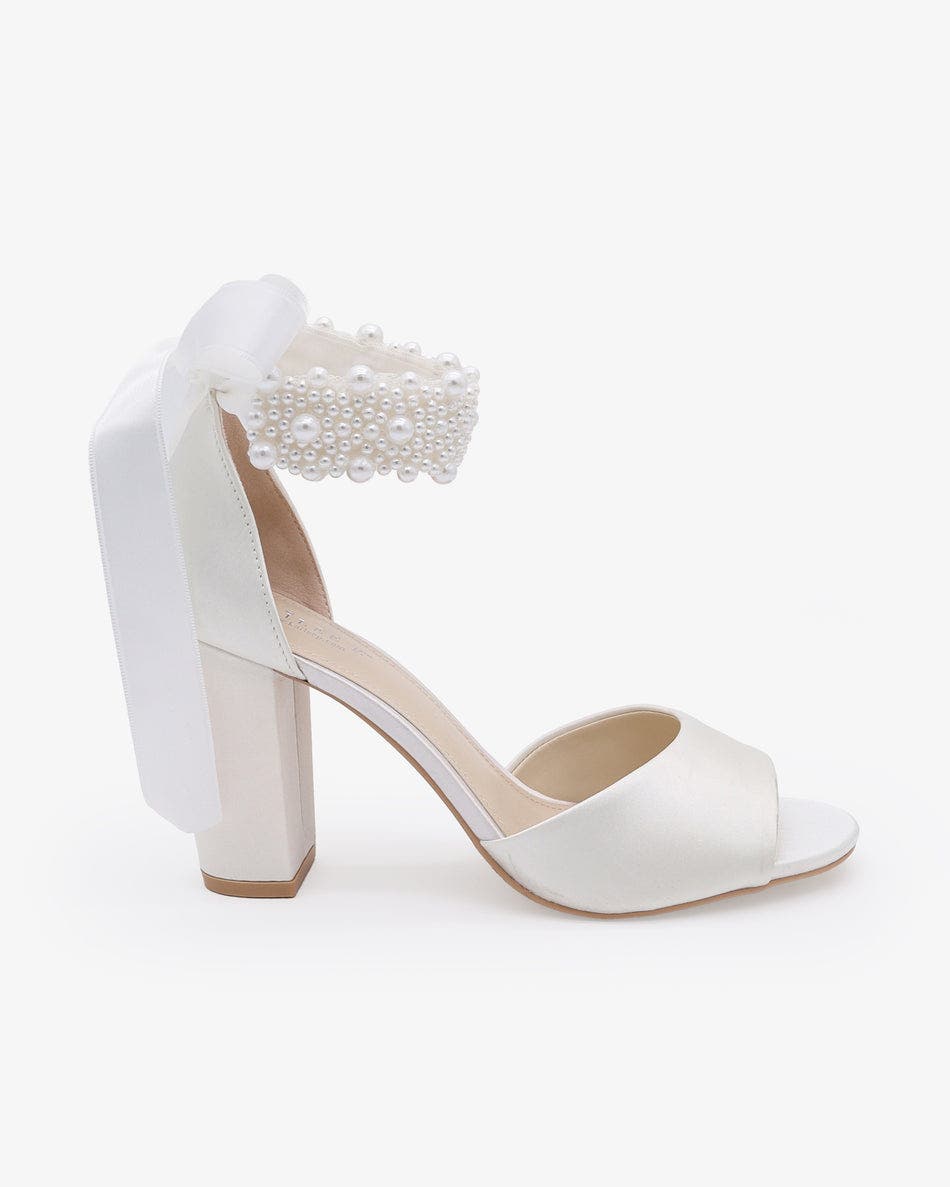 Kailee P Sasha Satin Block Heel Wedding Sandals with Perla Ankle Strap, Alternate, color, White