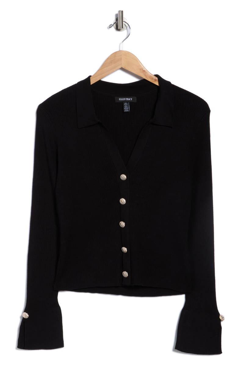 Ellen Tracy Collared Button Cardigan, Alternate, color, Black