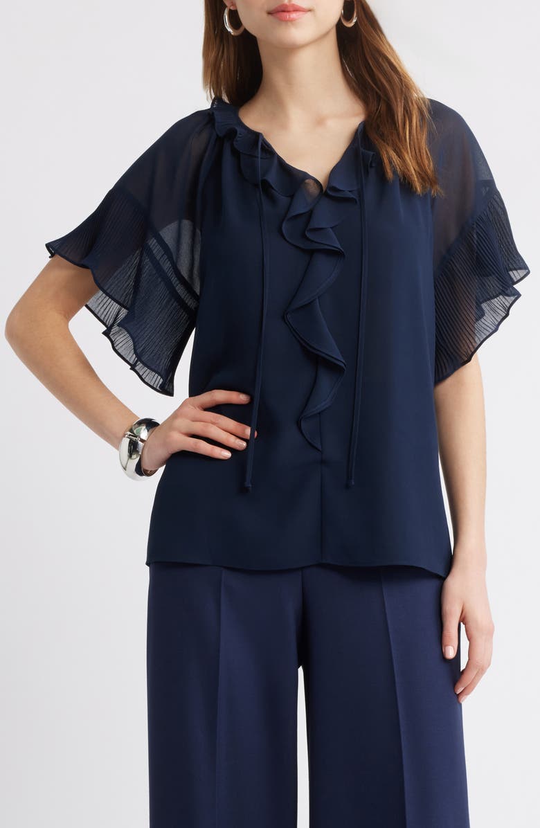 KOBI HALPERIN Ruffle Flutter Sleeve Chiffon Top, Main, color, Navy