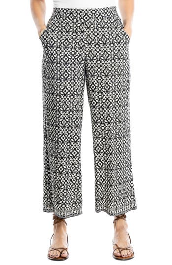 Max Studio Wide Leg Pull-on Crop Pants In Black/cream Ikat Lattice