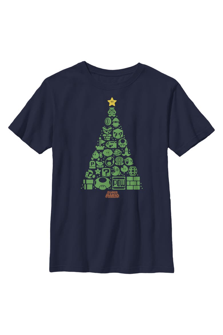 Boy's Nintendo Christmas Tree Mosaic  Graphic T-Shirt, Main, color, Navy Blue