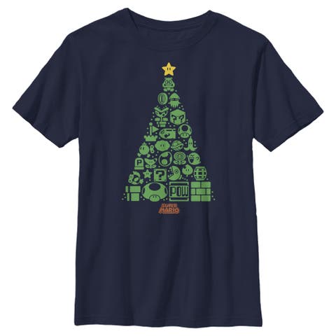 Boy's Nintendo Christmas Tree Mosaic  Graphic T-Shirt