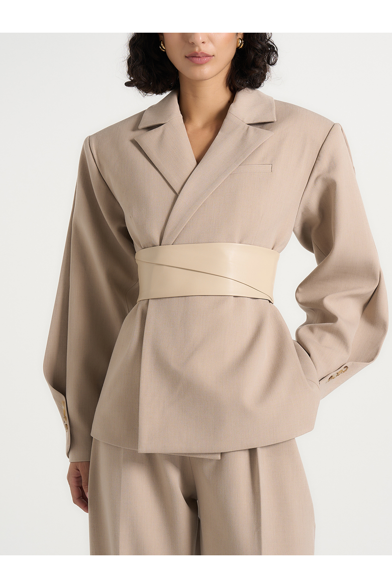 Marie Twist Sleeve Blazer with Belt, Main, color, Beige