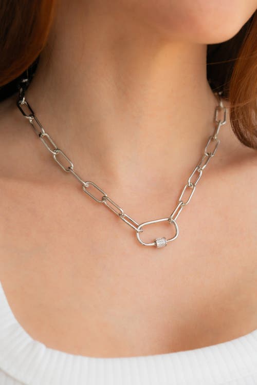Mint & Lily Link Chain Necklace With Pave Carabiner Clasp In Silver
