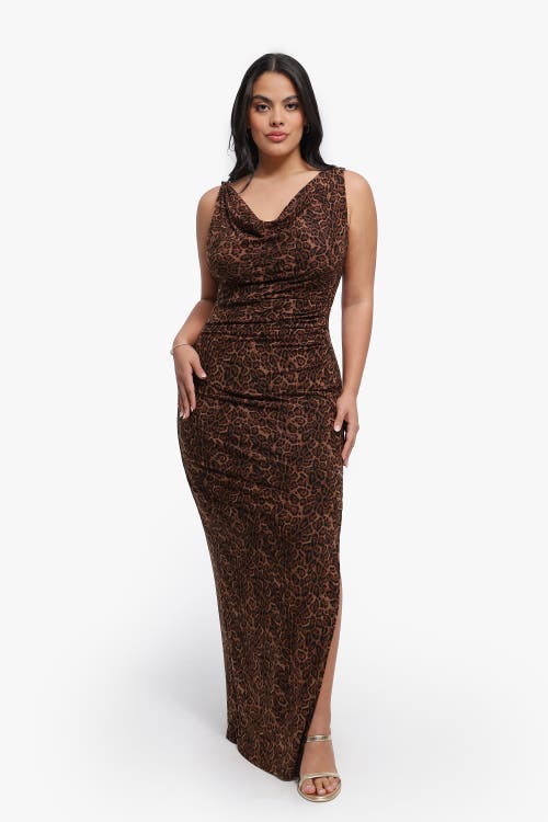 Popilush Shapewear Cowl Neck Leopard Ruched Sculpting Maxi Dress In Leopard Brown