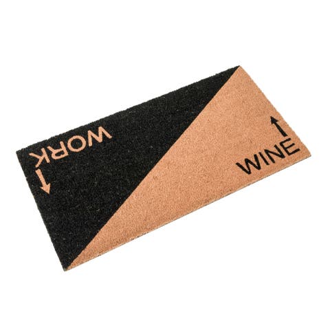 Printed 2-Tone Coir Doormat with "Work" and "Wine" Message and PVC Back, Natural and Black