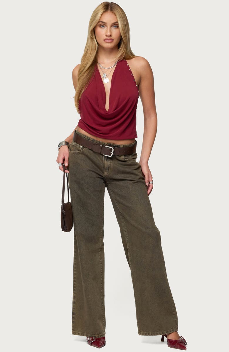 EDIKTED Irina Studded Cowl Neck Halter Top, Alternate, color, Burgundy