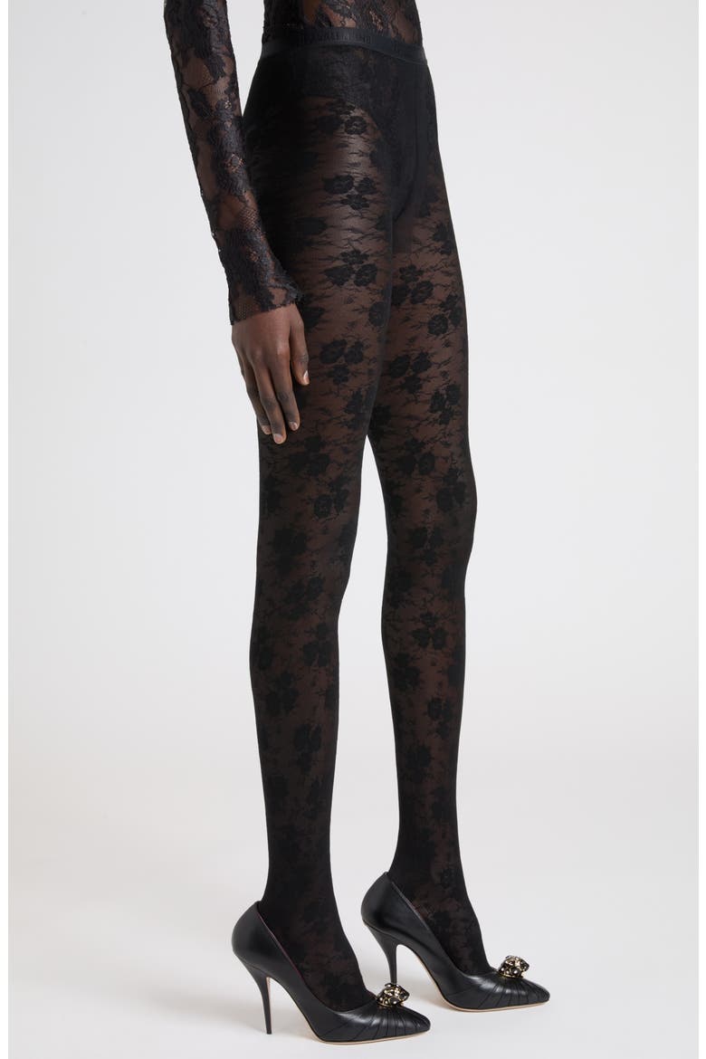 Sheer Floral Lace Tights, Main, color, BLACK