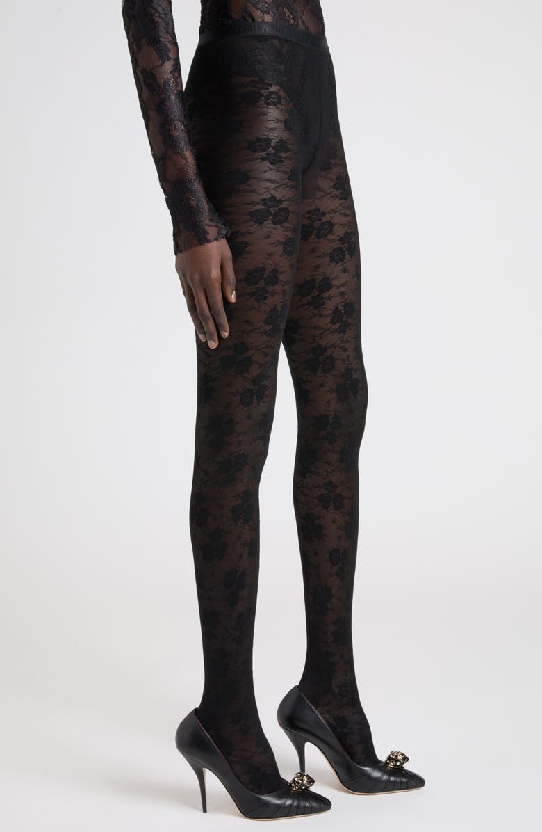 Valentino Sheer Floral Lace Tights, Main, color, Black