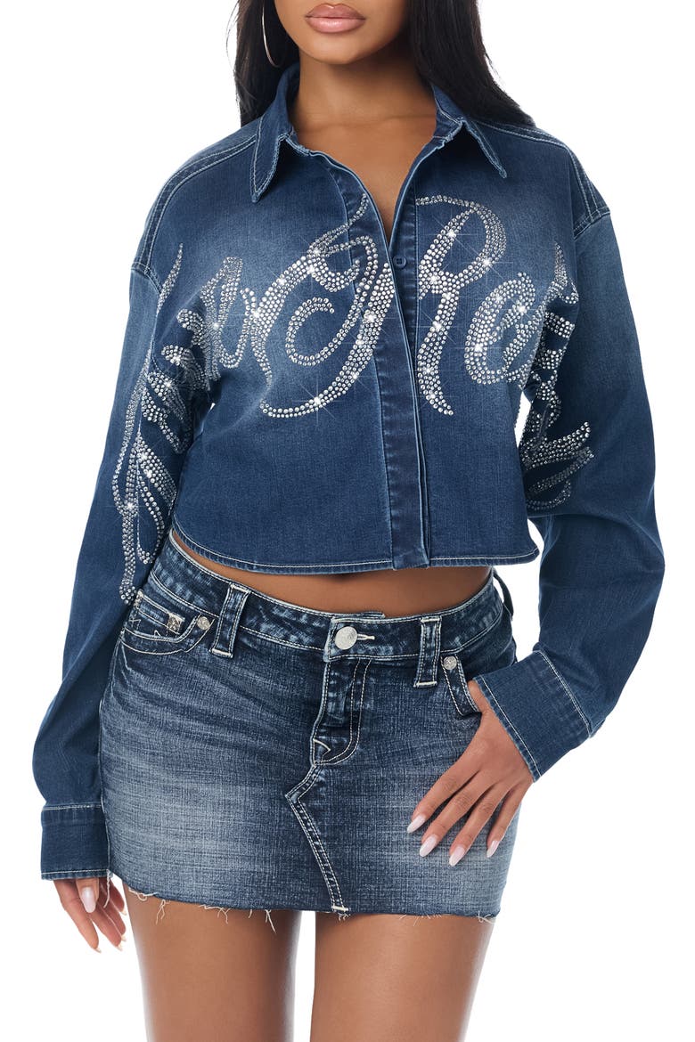 Rhinestone Logo Relaxed Cropped Shirt, Main, color, ASTRAL TIDE