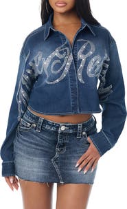True Religion Rhinestone Logo Relaxed Cropped Shirt